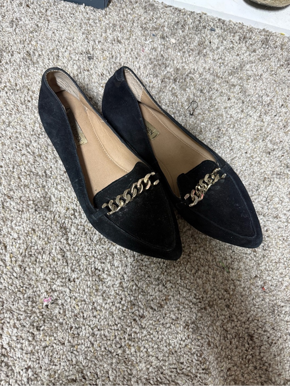 Steve Madden Black Suede Pointed Loafer Flats with Gold Chain